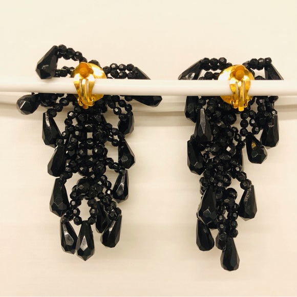 Black Beaded Clip On Dangle Earrings - Picture 15 of 16